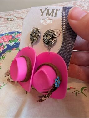 YMI Hot Pink Western Hat Dangle Earrings with Turquoise Accents